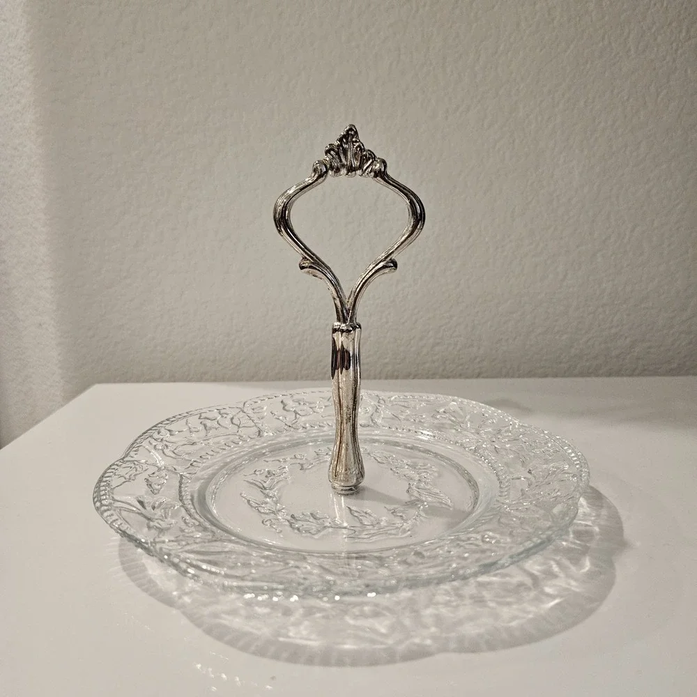 Vintage Crystal Center Piece With Silver Plated Handle Kingston Decor Plate Dish